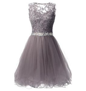 SD361 Grey Cheap Tulle Homecoming Dresses 2019 Crew Neck Lace Appliques Short Mini Beaded Crystal Formal Party Dresses Under 30 I9944028