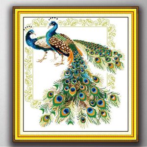 Lucky Peacocks Birds Handmade Cross Stitch Craft Tools Brodery Needwork Set Counted Print på Canvas DMC 14CT 11CT1901