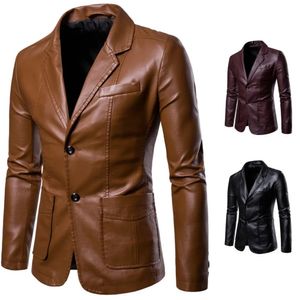 Frühling Herbst Mode Herren Revers Leder Kleid Anzug Mantel Männlich Business Casual Pu Blazer Jacke 240227