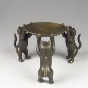 Piastra in bronzo cinese Gatti Animali 3 Lampada a olio per gatti Portacandele Candeliere statua213Z