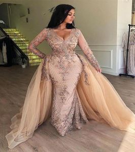 Arabic Champagne Sequin Mermaid Evening Dresses with Detachable Skirt VNeck Dubai Women Formal Prom Dresses Long Sleevs9017948