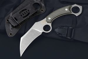 MM7721 Fixed Blade Karambit Knife 14C28N Stone Wash Blade CNC Full Tang Micarta Handle Outdoor Tactical Claw Knives with Kydex