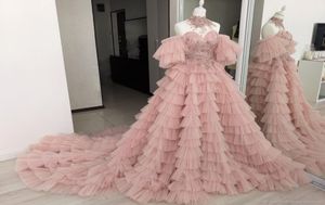 2020 new fashion curb shoulder A Line layered ruffled Evening Dresses lace applique crystal highend custom prom dress2230181