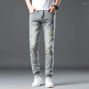 Herren Jeans Hellblau Männer Hosen Skinny Stretch Hiphop Distressed Patchwork Destroyed Moto Biker Männlich Punk Stil Malerei