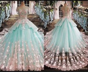 2020 Ball Gown Evening Dress Sheer Neck Lace 3D Appliques Beaded Sweep Train Puffy Plus Size Custom Evening Gowns2463952