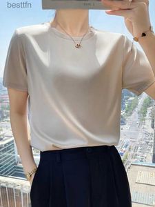 女性用Tシャツ夏Tシャツ女性oネックショートスレズサテンクラインブルーシャンパンソリッドカラールーズレディースTシャツシルクトップ240311