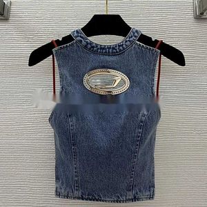 デニムベスト女性ノースリーブチェストレターデザインタンクハーターバックレスブルーサマーノースリーブトップス