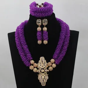 Colar brincos conjunto nigeriano contas de cristal jóias para mulher roxo bib declaração semente design wd552