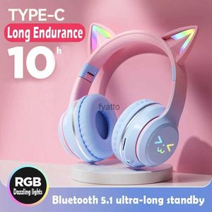 Cell Phone Earphones Cats Ears Headset RGB Light Smile Face TWS Gradient New Pink Little Girl Earphone Gift Suitable for AnyH240312