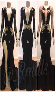 Black Sheer V Neck Prom Dresses Split Side High Mermaid Long Sleeves Black With Gold Lace Applique Evening Gowns Formals Wear Spec1097096