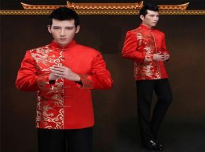 Kırmızı Dragon Çin Elbise Uzun Kollu Damat Düğün Geleneksel Elbise Erkekler Saten Cheongsam En İyi Kostüm Tang Takım Tost giyim 9777770