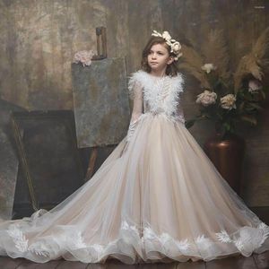 فتاة الفتاة الشمبانيا mini quinceanera a-line tulle healpiques ريشة زهرة لحفلات الزفاف طفل