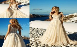 Luz champanhe renda chiffon vestidos de casamento uma linha fora do ombro aplica topo boho praia vestidos de noiva robe de mariee3858278