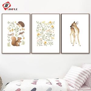 Obrazy Przedszkole Woodland Wall Art Squirrel Deer Canvas Malowanie plakatów kwiatowych i drukowania małych zwierząt leśnych Zdjęcia dla Liv299r