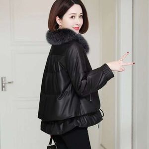 Haining Leather Jacket New For Autumn And Winter 2023, Women's Short Down Cotton Jacket, Real Fox Fur Collar, Plush Coat 4094 ,