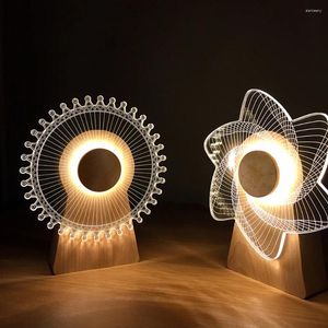 Nattlampor USB Power 3D Windmill Light Wood Rotating Music Box Creative Gift Table Lamp Hem Desktop Decoration