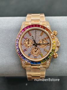 Klassische Regenbogen-Diamant-Herrenuhr, 18 Karat Roségold, ETA7750, Automatik-Chronograph, Saphirglas, Schweizer Armbanduhr, wasserdicht