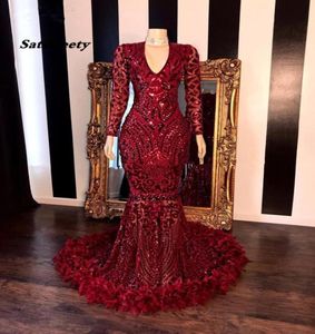 Dark Red Lace Feather Mermaid Prom Dresses Black Girls V Neck Long Sleeves Sweep Train Formal Evening Party Gowns Real Image9510682