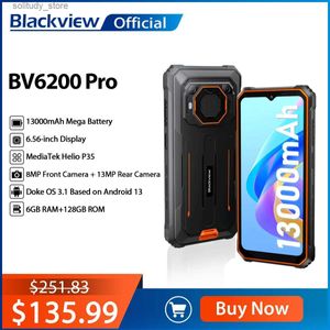 휴대 전화 블랙 뷰 BV6200 프로 튼튼한 안드로이드 13 6.56 인치 헬리오 P35 4GB+128GB 스마트 폰 13000mah 18W 빠른 충전 NFC 전화 Q240312