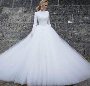 Modest Muslim A Line Wedding Dresses Bridal Gowns High Neck Long Sleeve Appliques Lace Ivory White Tulle Winter Bride Formal Dress6824630