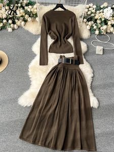 Work Dresses SINGREINY Winter Elegant Knitted Two Pieces Sets Lady Long Sleeve Slim Pullover Elastic Belt Skirt Autumn Casual Warm Suit