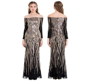 Angelfashions Women039S båthals Lång ärm paljetter FLAPPER BALL GOWN Evening Dress Party Prom Dresses Black Gold 40488277636153140