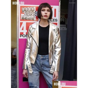 Women'S Leather & Faux Leather Jacket Spring Sier Leather Women Washed Pu Rivets With Belt Bomber Motorcycle Biker Coat Drop Delivery Dhitz