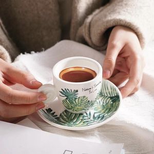 Copos pires 90ml cerâmica xícara de café e pires conjunto nórdico fresco café drinkware planta monstera caneca de escritório leite espresso s teacup para menina