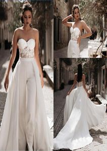 Sweetheart Lace Long Jumpsuit Wedding Dresses Tulle Applique Ruched Sweep Train Bridal bröllopsklänningar med löstagbar kjol4151006