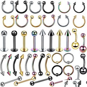 Nose Rings & Studs 4Pcs/Set Stainless Steel Body Piercing Set Women Men Ear Eyebrow Lip Nose Tongue Belly Mixed Jewelry Drop Delivery Dhbmg
