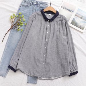 Women's Blouses Old Money Style Women Autumn Japan Cotton Vintage Turndown Collar Grey Plaid Youth Woman Patchwork Shirts