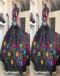 Sexy preto colorido flor bordado charro quinceanera vestidos 2022 querida cetim rendas até voltar mexicano vestido de 15 xv swee6940471