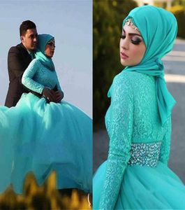 Gothic Turquoise Ball Gown Muslim Wedding Dresses Saudi Dubai Girls Beaded Crystal Belts High Neck Long Sleeve Wedding Gowns Afric1001667