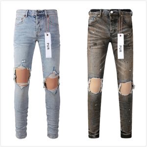 lila jeans designer jeans för mens jeans högkvalitativa modemän jeans cool stil designer byxa orolig rippad cyklist svart blå jean smal fit elastiska tyger