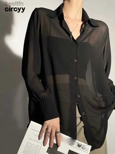 Damen-T-Shirt, Circyy-Bluse, Damen-Hemden, schwarze Tops, langärmelig, Umlegekragen, lockeres Hemd mit Knöpfen, transparent, Sommer, neu, 2023, koreanische Mode, 240311