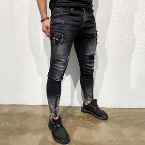 Mäns jeansbyxor för mager stretch -denim byxor oroliga rippade freyed smala fit manliga pantaloner hombre