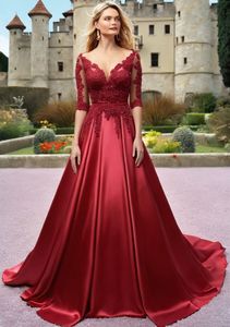 Prom Dresses Dark Red Evening Gown Party Formal Custom Zipper Lace Up Plus Size New A Line Satin Applique V-Neck With Half Sleeve