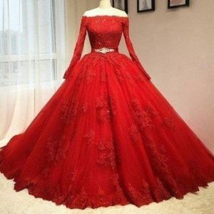 Abiti stile Quinceanera in pizzo rosso con cristalli e abiti stile Quinceanera, con maniche lunghe, illusione, scollo a barca, abiti da sposa, festa dolce 16, Dr341Q