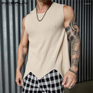 Männer Tank Tops INCERUN 2024 Amerikanischen Stil Herren Unregelmäßige Saum Design Westen Casual Streetwear Männliche Solide Gestrickte Oansatz S-2XL