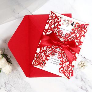 Custom Glitter Laser Cut Wedding Invitations with Ribbon and Envelopes Personalized Wedding Invitation Card