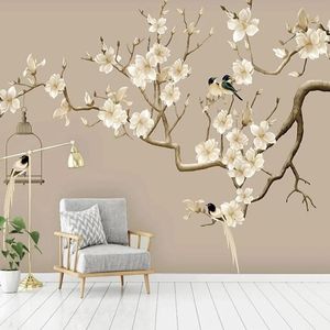 Po Selbstklebende Tapete im chinesischen Stil handgemalte Blumen-Vogel-Figur Magnolien-Wandbilder Wohnzimmer-Studien-Dekor-Wand-Tapeten317d