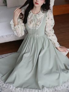 Green Elegant Vintage Strap Dres 2023 Spring Lace Evening Party Midi Dresses Ladies Retro Korean Sweet Kawaii Fairy Dress 240306