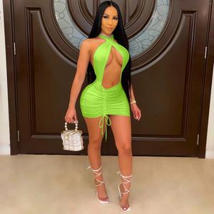 Casual Dresses Sexig Ruched Bandage Mini Birthday Club Outfits For Women 2024 Summer Beach Clothes Backless Bodyocn Night Party Dress