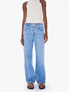Kvinnors jeans 2024 Early Spring Elastic midja Drawstring 2 färger Casual Female Loose Fit Long Denim Pants