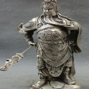 10 Chinese Silver Dragon Head Loyalism Warrior GuanGong Guan Yu God Statue metal handicraft246G