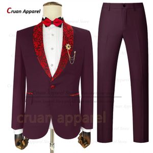 Resmi Erkekler Takım Setleri Düğün Sağdı Moda Jacquard Lapeel Ceket Akşam Partisi Terzi İnce Fit Blazer Pantolon 2 PCS 240306
