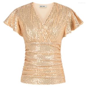 T-shirt da donna Top con volant con paillettes per donna Manica corta Top eleganti e scintillanti Scollo a V Camicetta avvolgente con volant Party Club Cocktail Slim Fit