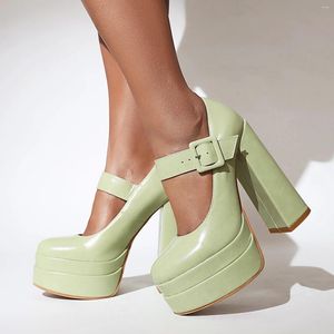 Dress Shoes Round Toe Super High Thick Heel Square Button Shallow Pumps Three-Layer Platform Breathable High-Heeled