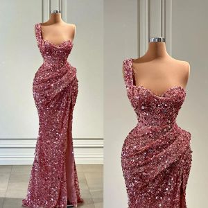 Elegant Mermaid Prom Dresses Sweetheart One Shoulder Sequins Side Split Backless Zipper Floor Length Plus Size Custom Made Shining Party Dress Vestido De Noite