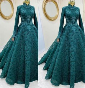 Teal Green Formal Evening Dresses Beaded Lace Ball Gown Engagement Gowns High Collar Long Sleeve Arabic Dubai Turkey Special Occas7906342